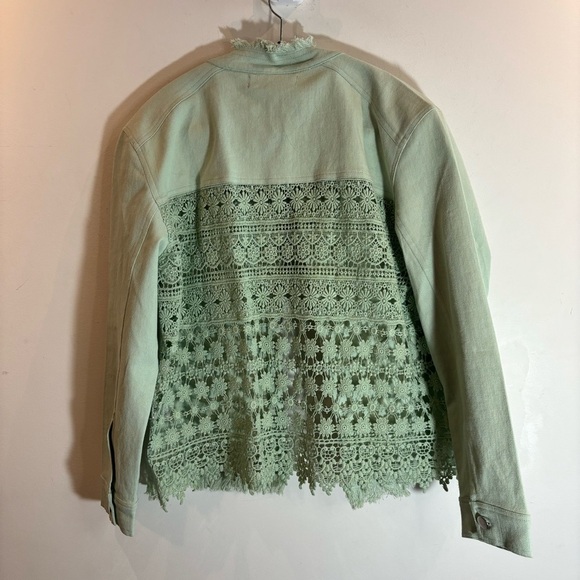 CELESTIAL BLUE Sz L Crochet Style Back Fringed 100% Cotton Mint Denim Jacket - Picture 8 of 9